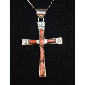 Vintage Zuni Cross Pendant 925 Sterling Silver Coral Signed C. Lule